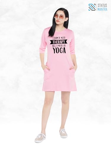Image of STATUS MANTRA Women's Long T-Shirt Dress - Cotton Casual Knee Length Dress with 3 /4 Sleeves | Soft Bio-Washed Fabric, Crew Neck, Relaxed Fit | Comfy Summer Lounge Wear
