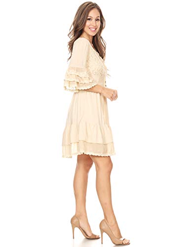 Anna-Kaci Womens Boho Peasant Floral Lace Ruffle Hem Bell Sleeve Mini Dress, Beige, Large #TOP2