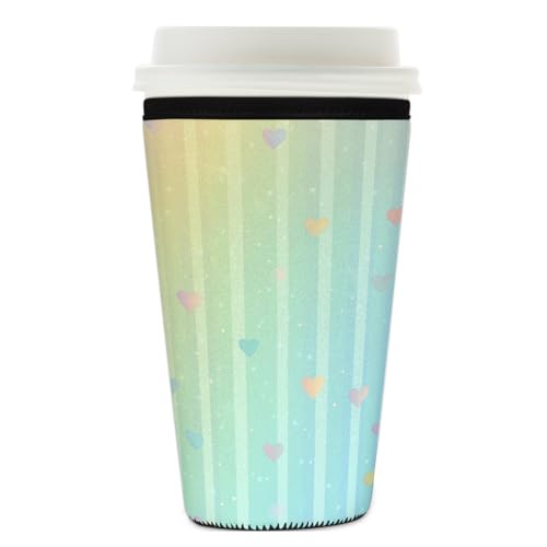 Myfsucce Funda reutilizable para taza de café, funda de neopreno para café helado con estampado de corazón a rayas, 2 mm de grosor, tamaño de 26 a 28 onzas