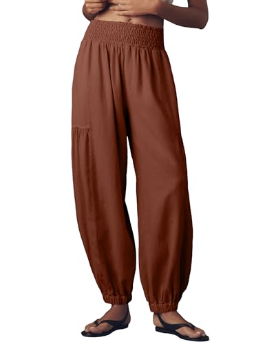 UANEO Womens Baggy Pants Pull On Cotton Linen Smocked Elastic Waist Tapered Relaxed Harem Trousers with Pockets