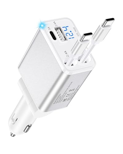 Retractable Car Phone Charger USB C, 4 in 1 Fast Car Charging Adapter with 2 Flexible USB C Cable for iPhone 17e 17 Samsung S26 Android, USBC Cigarette Lighter Gift for Men Android Auto Adapter