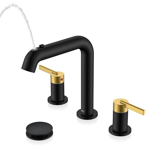 KENES Black and Gold Pull Out Widespread Bathroom Faucet 3 Hole 8 Inch 2 Handle Bathroom Sink Faucet with Pull Out Sprayer Vanity Faucet with Pop Up Drain & Supply Lines LJ-9058A-BG