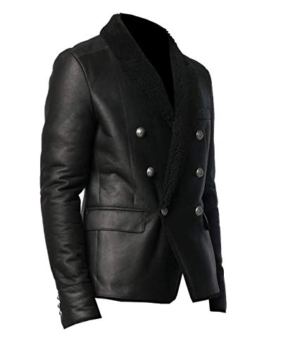 Shearling Lining Double-Breasted Coat for Men Genuine Lamb-Skin Leather Jacket Regular and Extra Plus Size2