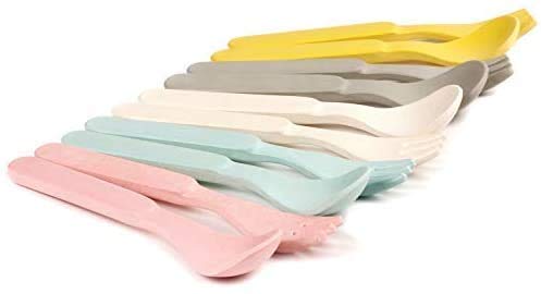 10 PCS Bamboo Kids Spoons & Forks Set for Baby Feeding -Dinnerware Utensils Pack for Children, Dishwasher Safe - Natural Tableware, Plastic Free (Warm Color)