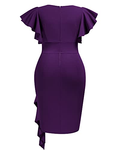 Image of Miusol Women's Plus Size Vintage V Neck Ruffles Sleeve Bodycon Business Cocktail Party Pencil Dress