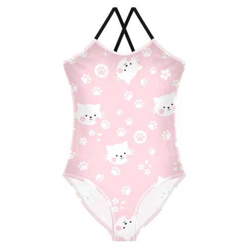 CaTaKu Girls One Piece Swimsuits Cat Paws Floral Prints Toddler Bathing Suit for Girls Kids Swimwear 3-10 Years