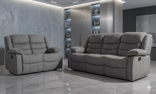 MNS Roma Fabric Reclining Sofa, Grey Fabric, 3+2 Seater with Cup Holders