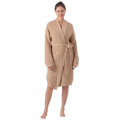 bearberry Cozy Robe Lightweight Soft Plush Robe Vertical Bar Hoodless Sleepwear Nightgown with Pockets for Women