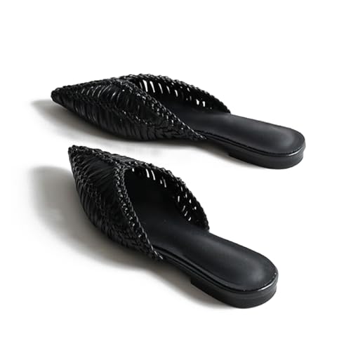 JANSEVEN Woven Flats Raffia Mules for Women Pointed Closed Toe Casual Slides Slip On Comfortable Dress Shoes4