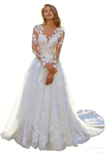 Long Sleeves Wedding Dresses for Bride 2026 Simple Tulle Bridal Ball Gowns with Train V Neck Lace Appliques A Line Summer Formal Brides Dress for Women White US12