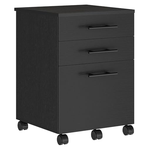 Image of HOOBRO 3-Drawer File Cabinet, Wooden Under Desk Filing Cabinet, fits A4 /Letter Size for Home Office, Small Rolling Storage Drawer Chest, Printer Stand with Drawers, Black BK02WJ01G1