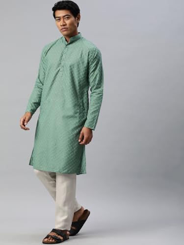 Image of Majestic Man Men's Cotton Blend Regular Fit Casual Polyester Mandarin Collar Ethnic Motifs Embroidered Long Regular Kurta