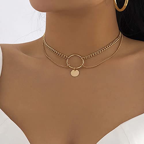 TseenYi Offener Kreis Anhänger Choker Halskette - Geschichtet Scheiben Punk Großer Kreis Gold Klobige Kette Schmuck Für Frauen Und Mädchen