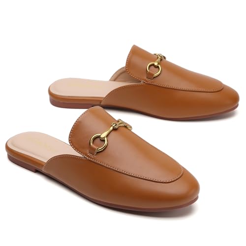Image of Minorsu Buckle Mules for Women Flats Loafers Shoes for Work Office Business | Slip on,Round Toe,Backless,Slides, Casual