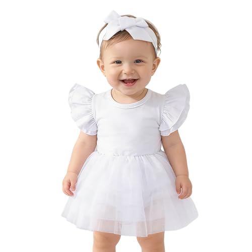 Image of Baby Girl Clothes Infant Ruffle Sleeve Romper Dress Newborn Solid Tutu Skirt Sets Jumpsuit Headband Outfit