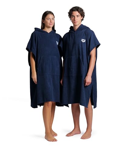 ARENA Unisex Cotton Poncho Soft Hooded Towel with Front Pocket Easy Changing Post Swim Warmth and Comfort for Beach Pool or Surf, Navy/White, Large/X-Large