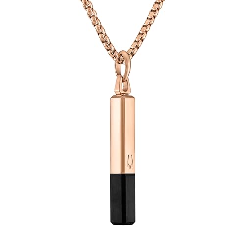 Bulova Jewelry Men's Latin Grammy Rose Gold Stainless Steel Bar Shaped Amulet Pendant, Inlay Black Spinel,Rose Tone Stainless Steel Rounded Box Link Chain Necklace Style:BVC1074-RSTBSP3