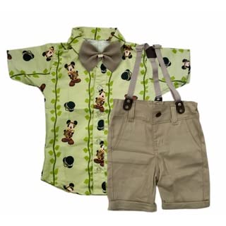 Mickey Safari Kit Roupa Conjunto Infantil Menino 4 Peças Camisa Gravata Bermuda e Suspensório Aniver