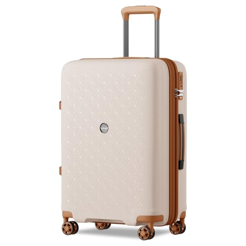KONO Koffer Groß mit Getränkehalter Hartschale Leicht Polypropylen Erweiterbar Rollkoffer Groß Reisekoffer mit 4 Rollen und TSA Schloss, Creme/Braun