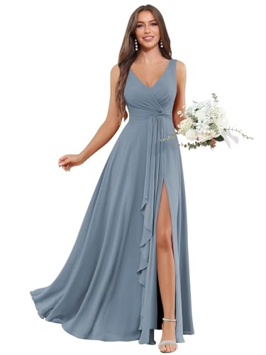 Image of BOLENSYE Bridesmaid Dresses Long Ruched Ruffles Chiffon A Line Evening Party Gown with Pockets Slit