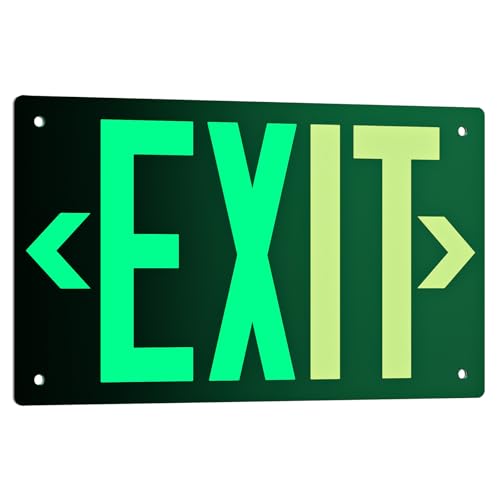 SASELUX Photoluminescent Exit Sign Aluminum - Adhesive Backing Glow In The Dark - Removable Arrows Included - Pre-drilled Holes - 12x7 Inches - Non Electrical Green Exit Light For 50 Feet Visibility (1 Pack)