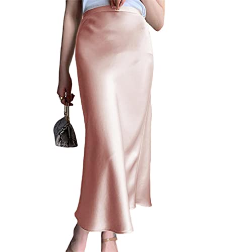 Jupe longue en satin rose pour femme - Coupe mi-longue évasée taille haute en soie en taille S