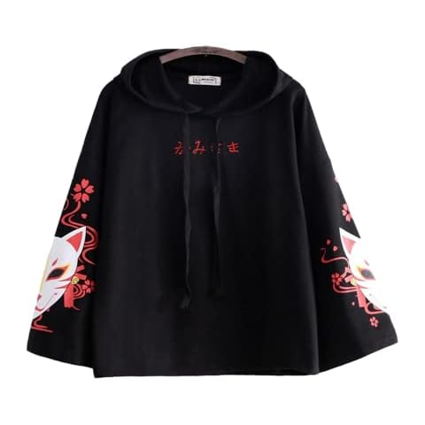 Women Fox Kawaii Hoodie Anime Cute Aesthetic Japanese Kitsune Harajuku Hooded Sweatshirt Cartoon Long Sleeve Top, Black, One Size Cover