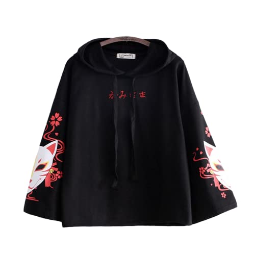 Aobiono Sudadera con capucha para mujer, diseño de zorro Kawaii, anime, estética, japonesa, Kitsune Harajuku, de manga larga, Negro -, Talla única