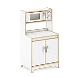 Guidecraft EdQ Microwave & Cupboard Play Kitchen for Toddlers - White: Wooden Montessori Kids' Kitchen Playset w/Microwave, Realistic Knobs, Cabinet Shelf, Storage Bins for Home, Classroom, Playroom