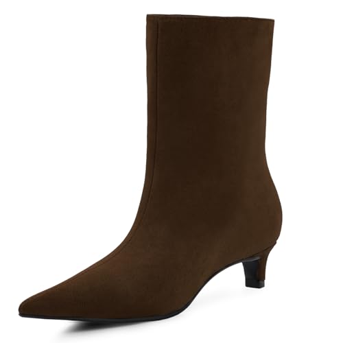 FancyQueen Ankle Boots for Women Low Heel Pull on Kitten Heel Boots Suede Pointed Toe Wide Calf Short Boots Ankle Booties Comfort