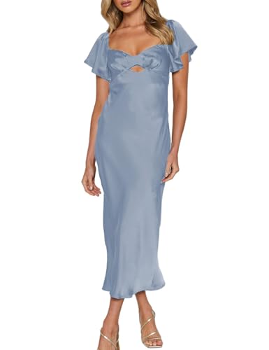 Image of Summer Satin Flutter Sleeve Wedding Guest Dresses for Women Sweetheart Neckline Cutout Tie Back Midi Cocktail Dress
