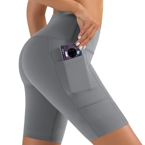 Biker Shorts Women with Pockets,5"/8" High Waisted Yoga Shorts Tummy Control for Workout Running Summer Outfits for Women Grey Shorts Under Dresses Womens Spandex Bike Shorts for Gym Volleyball