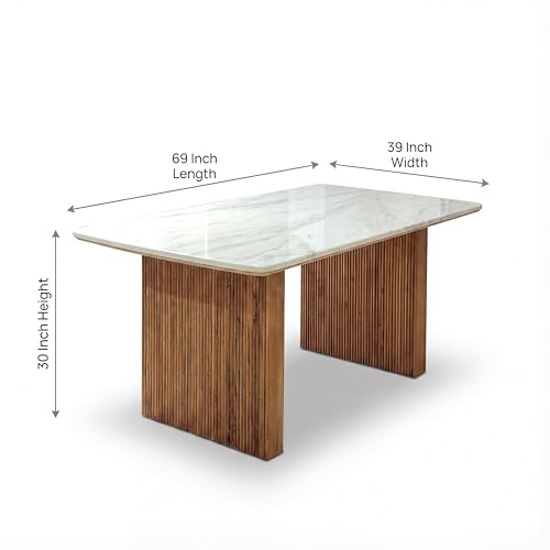 Image of 6 Seater Modern Acacia Wood Dining Table Set with White Marble Top & Upholstered Chairs | Rectangular Solid Wood Dining Table 69x39 Inches | Contemporary Dining Furniture for Home from Jodhpur