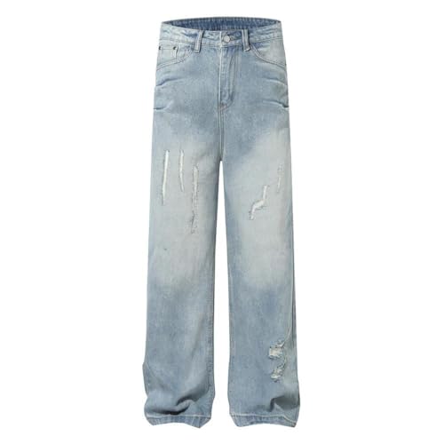 Men's Ripped Denim Straight Pants, Retro Streetwear, Distressed Baggy Wide Leg Jeans2