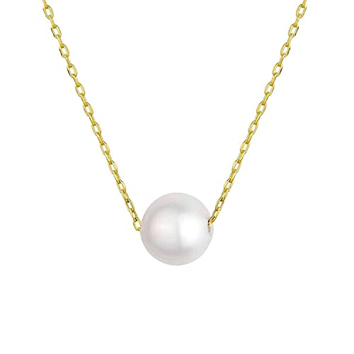 Elegant Gold Single Genuine Pearl Necklace - 14k or 18k Gold Chain, 9 MM Freshwater Cultured Pearl Pendant, Floating Pearl Choker, June Birthstone Jewelry for Women