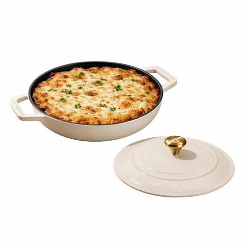 Image of CUMIN CO. Cast Iron Braiser | 26cm, 2.5L (Serves 5-6) | Non Toxic Cooking Pot with Lid | Patented Enamel Coating | FDA Compliant | Induction & Oven Safe | White