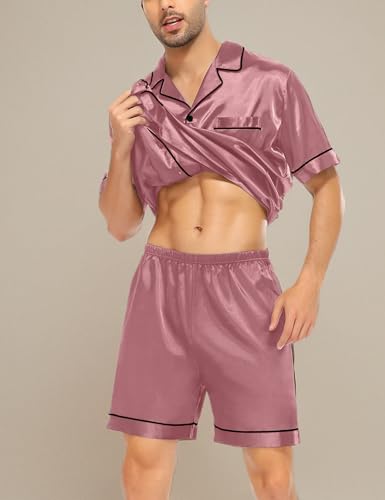 Image of SWOMOG Satin Matching Pajamas Sets Couple Silk Button Down Nightwear Men & Women Short Sleeve Sleepwear 2 Pieces Loungewear Misty Rose