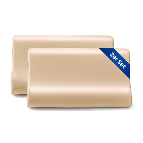 THXSILK 19 Momme Set di 2 federe in seta per contorno, in memory foam, in lattice Cervical, cuscini cervicali, ipoallergenici, lavabili (50 x 30 x 10/7 cm (confezione da 2), champagne)