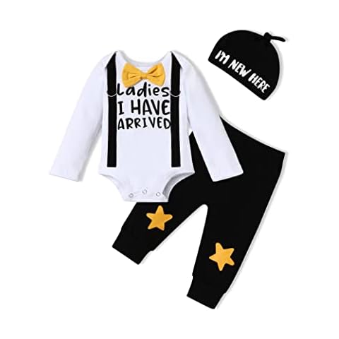 Newborn Baby Boy Clothes Hipster Bowtie Strap Sweatsuit Long Sleeve Romper + Pants 3Pcs Outfits Set White (0-3 months) Cover