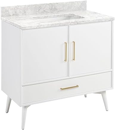 Signature Hardware 953912-36-RUMB-0 Novak 36" Freestanding Mahogany Single Basin Vanity Set with Cabinet, Vanity Top, and Rectangular Undermount Sink - No Faucet Holes - Bright White/Carrara Marble