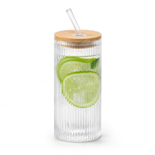 Image of Ribbed Glass Tumbler with Bamboo Lid & Glass Straw - 400ml, Set of 1, Premium Clear Drinking Glass Cup for Water, Juice, Iced Coffee, Smoothies & Cold Beverages, Leak-Resistant Glass Cup