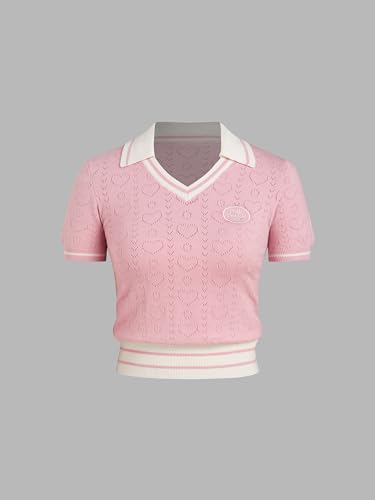 CIDER X Polly Pocket - Women's Pink Knit Polo Shirt Short Sleeve Cute Heart Design Top2