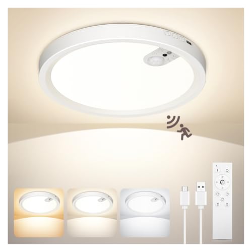 ONEWEST Rechargeable Motion Sensor Ceiling Light with Remote Cordless 7000mAh Battery Operated Sensor Light Indoor 3 Colors & 30s/60s/120s Induction Timing for Garage Shed Loft Bedroom Hallway