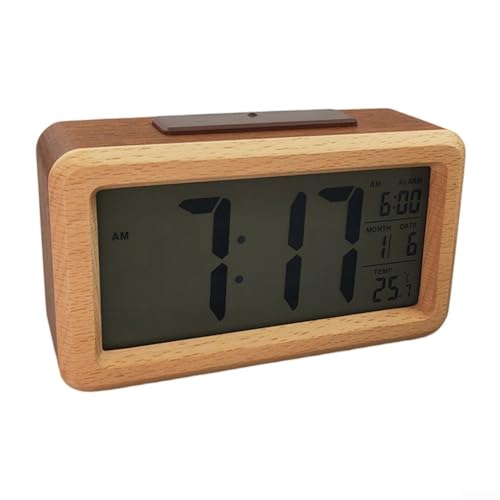 Reloj despertador digital de madera con pantalla LED transparente de hora y temperatura, alarma personalizable y opciones de repetición para una gestión eficiente del tiempo (color de inserción doble)