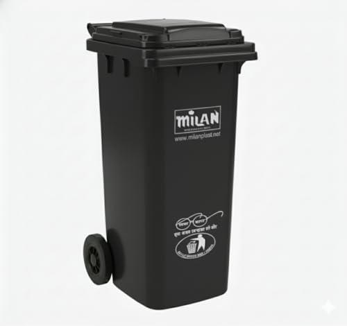 Image of Milan Plastic Manual-Lift Garbage Waste Dustbin with Wheels 100 Ltr Black