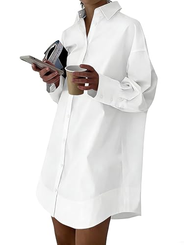 COCCKO Womens Casual Button Down Shirt Dress Long Sleeve Collared V Neck Mini Dress Cotton Button Up High Low Summer Dress White