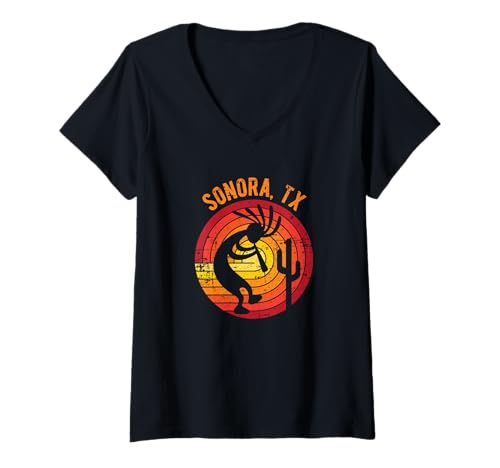Mujer Sonora Texas USA Dancing Kokopelli Diseño envejecido Camiseta Cuello V