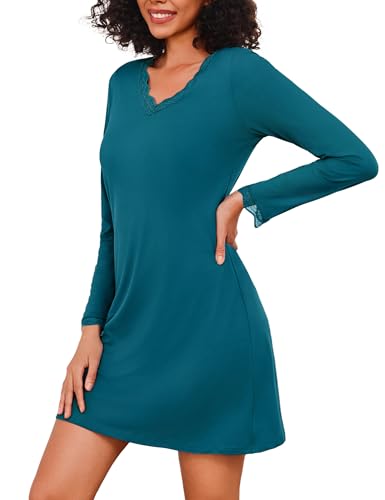 Demegimi Nachthemd Damen Langarm Schlafshirt Baumwolle Kurz Sexy Spitze Sleepshirt V-Ausschnitt Nachtwäsche S-3XL