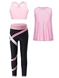 iEFiEL Kinder Trainingsanzug Mädchen Sport BH Weste + Leggings Sportlich Jogginganzug Druck Sportanzug Jumpsuit Große 98-176 Zd Rosa 3PCS 122-128