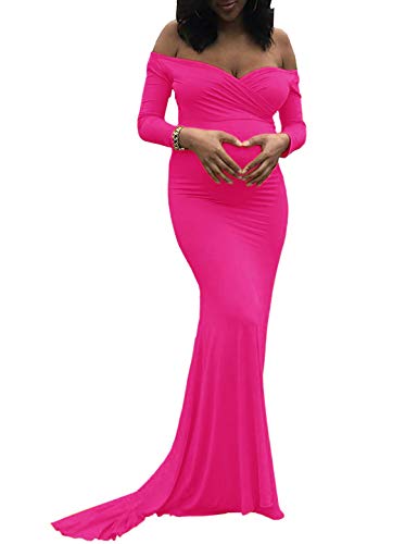 Saslax Maternity Elegant Fitted Maternity Gown Long Sleeve Slim Fit Maxi Photography Dress Sweetheart Magenta Large